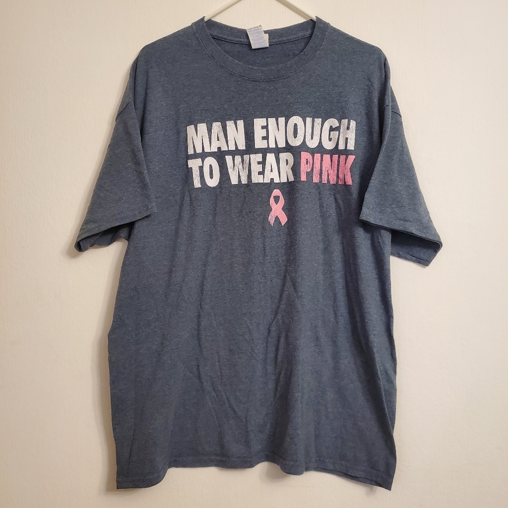 Man Enough To Wear Pink Breast Cancer Awareness Navy T-shirt Mens Size XL Ribbon